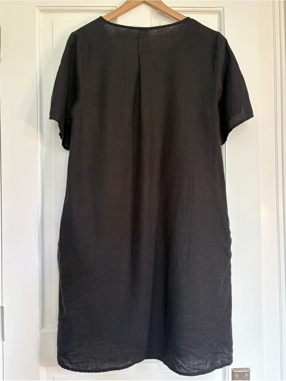 Minimalist 100% Linen Shift Dress Pockets Short Sleeve Lagenlook Black M - Picture 2 of 13